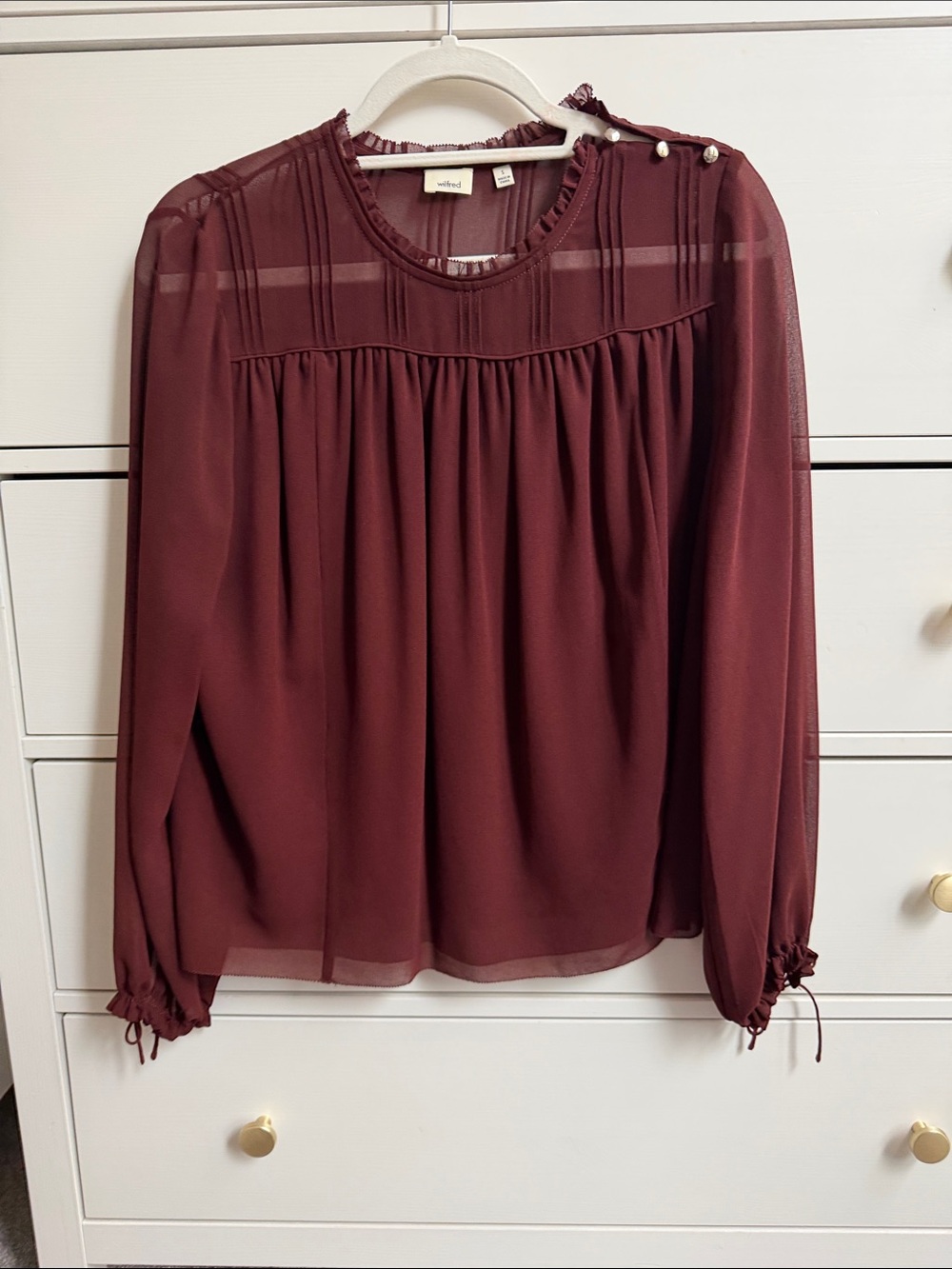 Wilfred Burgundy Long-Sleeve Chiffon Blouse with Silver Accent Buttons